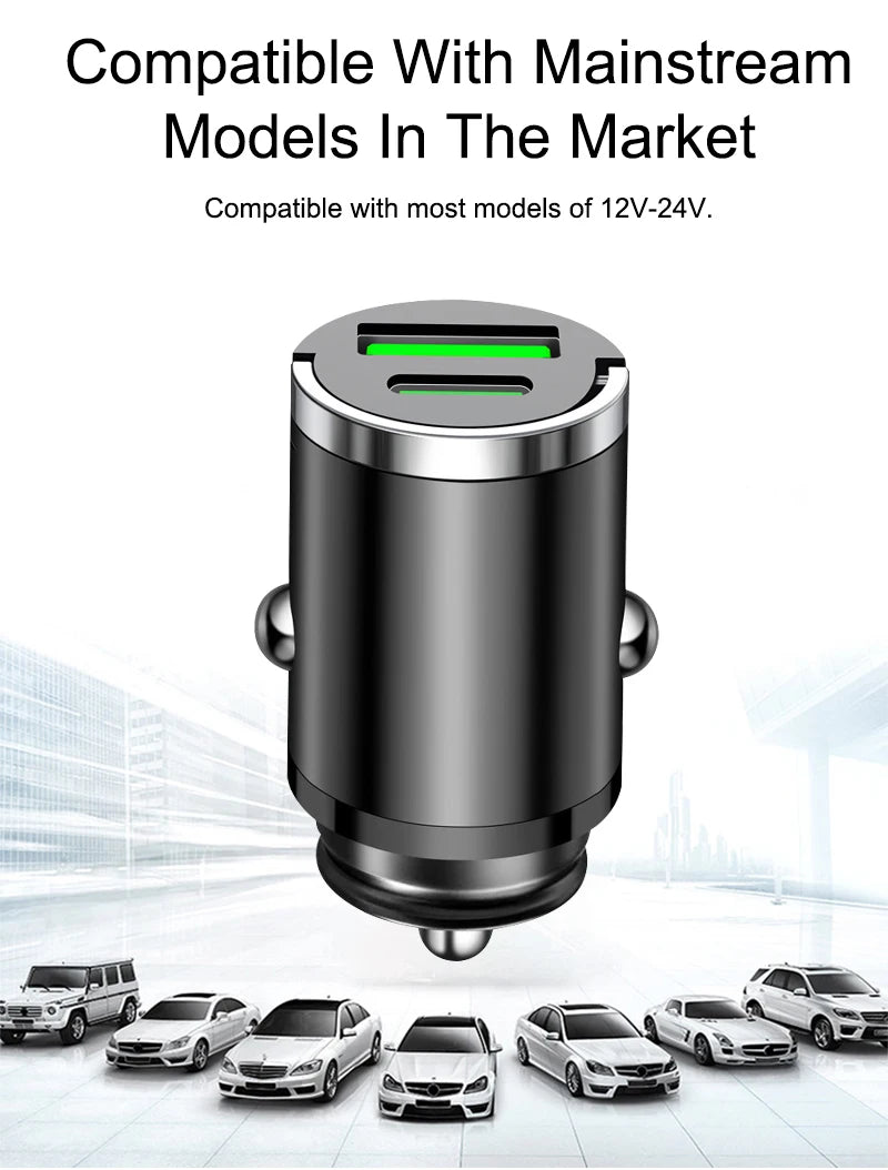 200W Mini Car Charger With QC3.0 USB C PD Fast Charging for iPhone Samsung Xiaomi