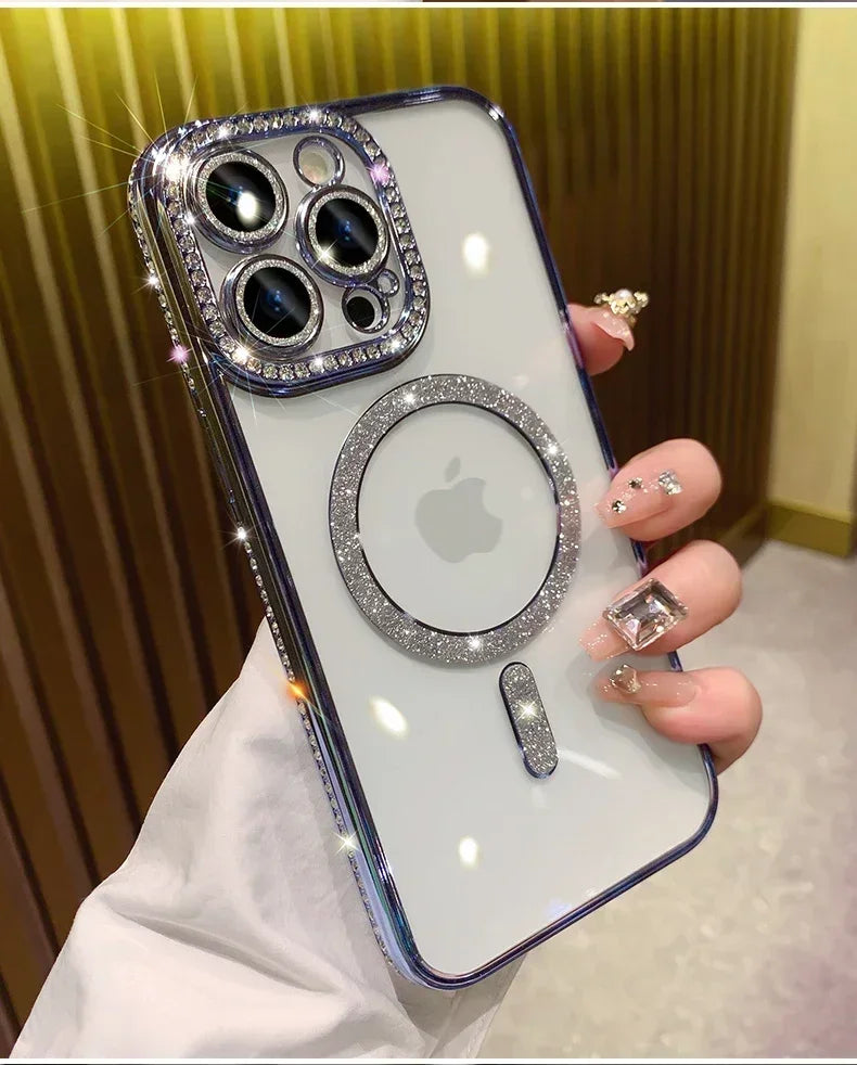 New Fashion Glitter Diamond Transparent Case For iPhone 16 15 14 13 17 12 18 Pro Max Plus Magnetic Wireless Charge Bumper Cover