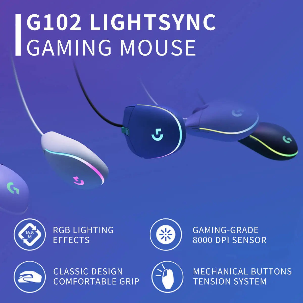 g102 Logitech G102/g203/g402 Logitech G102 Wired Gaming Mouse, Adjustable 200-8000 DPI, Comfort Grip, RGB Backlit for PC Laptops