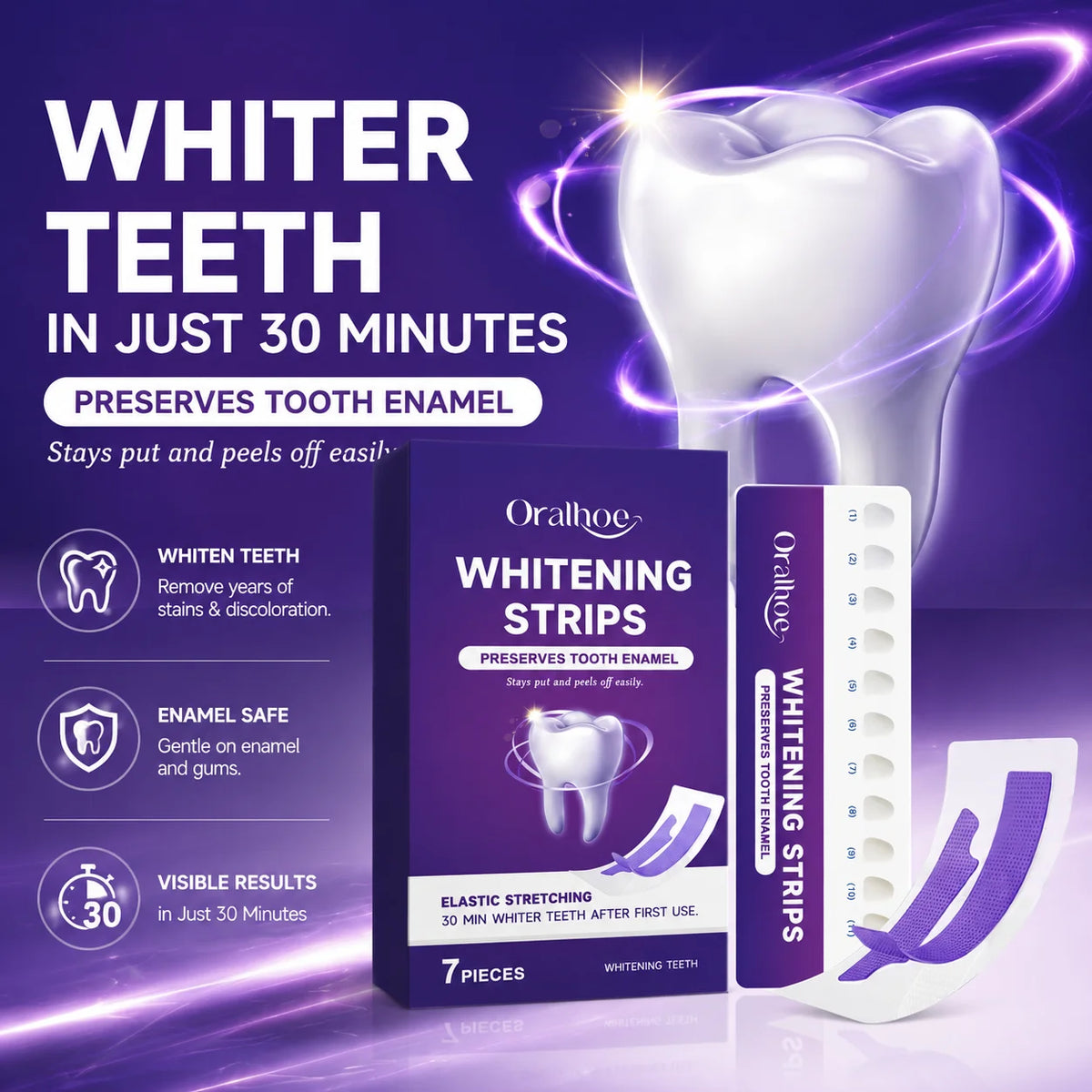 Purple Teeth Whitening Strips 30 Minutes Oral Cleaning Removal Gel Improve Dental Yellowing Oral Care, for With Shade