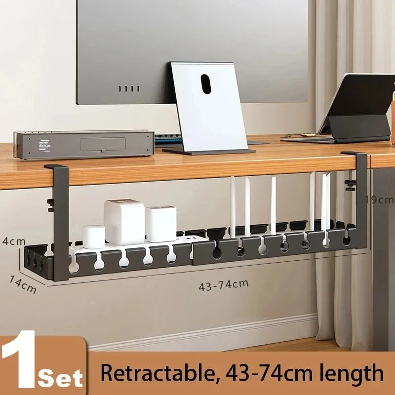 Retractable No Drill Clamp On Under Desk Cable Tray Metal Power Strip Wire Organizer Router Cord Storage Holder
