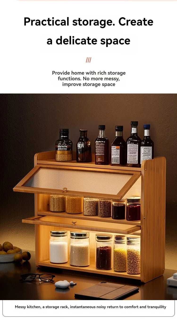 Kitchen countertop seasoning rack storage shelf, product sorting rack, layered multifunctional storage cabinet, dust-proof cabin