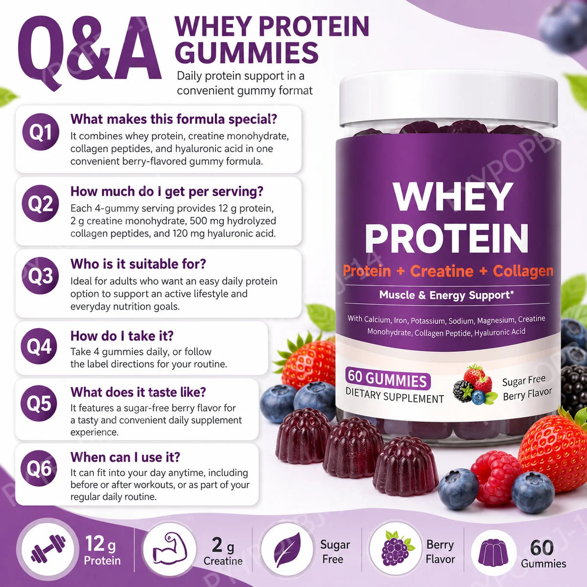 Protein Gummies with Whey Creatine Collagen 12g Protein Muscle Support Energy Nutrition Sugar Free Fitness Supplement 60 Gummies