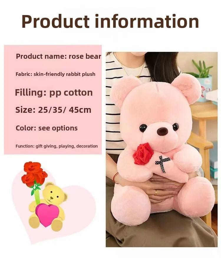 Wedding Rose Bear Plush Toy Cute Stuffed Animal Gift for Valentines Day Anniversary and Romantic Celebration Decor