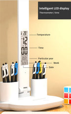 LED Desk Lamp USB Dimmable Touch Foldable Table Lamp with Calendar Temperature Clock Night Light for Study Reading Lamp