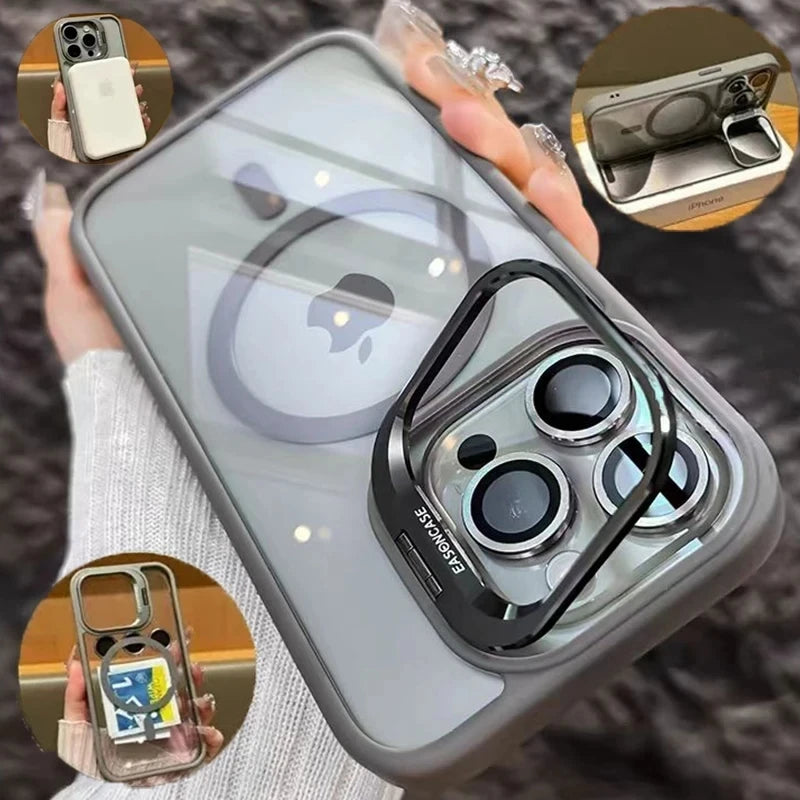 Luxury Magnetic Shockproof Phone Case For iPhone 16 15 14 13 12 17 18 Pro Max For Magsafe Funda Stand Glass Lens Protector Cover
