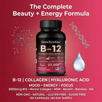 Vitamin B12 with Collagen,  Hyaluronic Acid - Supports Energy, Focus, Mood, Nervous System & Immune Health, Relieves Fatigue