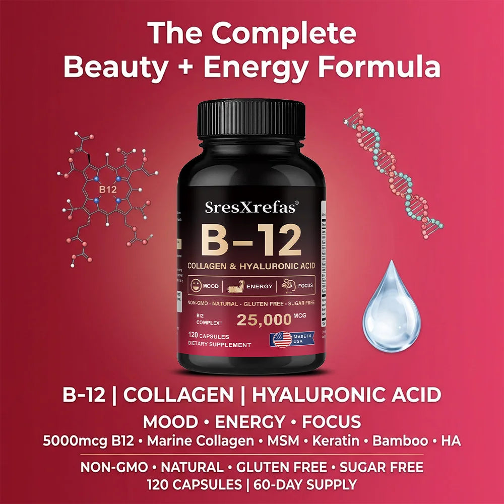 Vitamin B12 with Collagen,  Hyaluronic Acid - Supports Energy, Focus, Mood, Nervous System & Immune Health, Relieves Fatigue