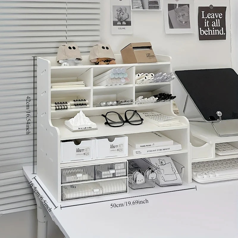 1PC 2-Tier Desk Organizer & Drawer Storage|With Tilt Pen Holder, Raised Bookshelf |Matte White PVC For Stationery, Cosmetics, O