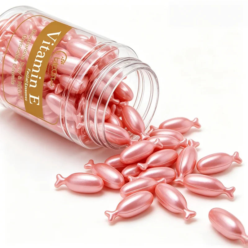 80 Capsules of Vitamin E Facial Essence, Day and Night Moisturizing, Deeply Hydrating, Leaving Skin Soft and Supple, Pink Capsule Packaging, Safe and Hygienic, Easy to Carry