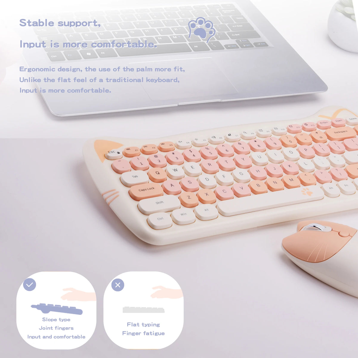 GEEZER Wireless Silent Keyboard Mouse Combo, Pink-Black Cat Ear Retro Round Keycaps US QWERTY Layout