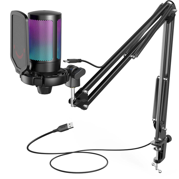 Micrófono USB FIFINE para juegos para PC, PS4/5, kit de micrófono de condensador cardioide con botón de silencio/RGB/soporte de brazo, para streaming de vídeo-A6T