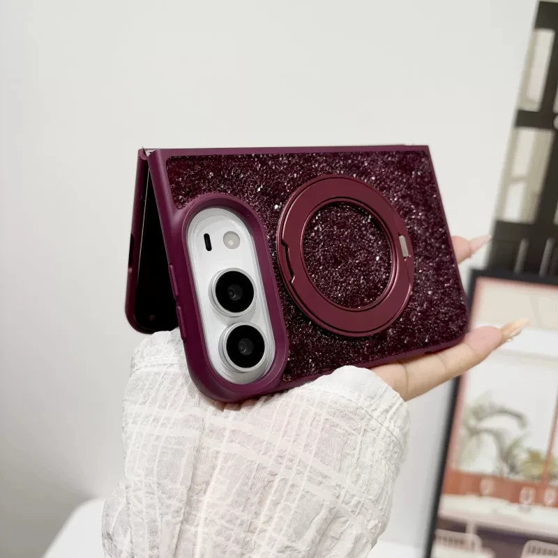 For iPhone Duo New Luxury Shell Flash Diamond 360° Rotating stand Phone Case For Magsafe Magnetic Wireless Charging Girl Cover