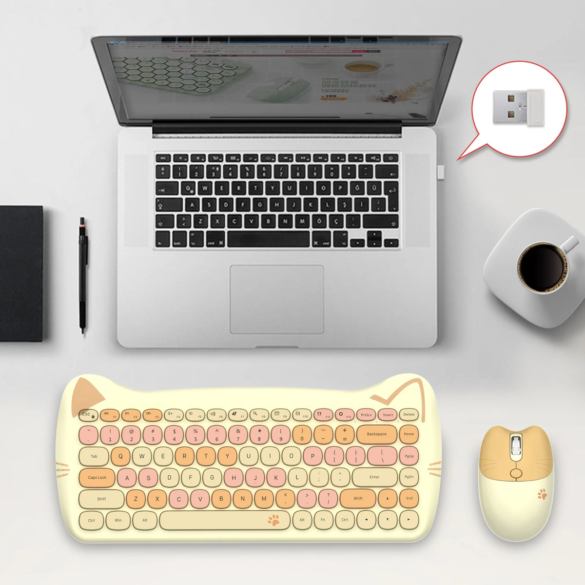 GEEZER Wireless Silent Keyboard Mouse Combo, Pink-Black Cat Ear Retro Round Keycaps US QWERTY Layout