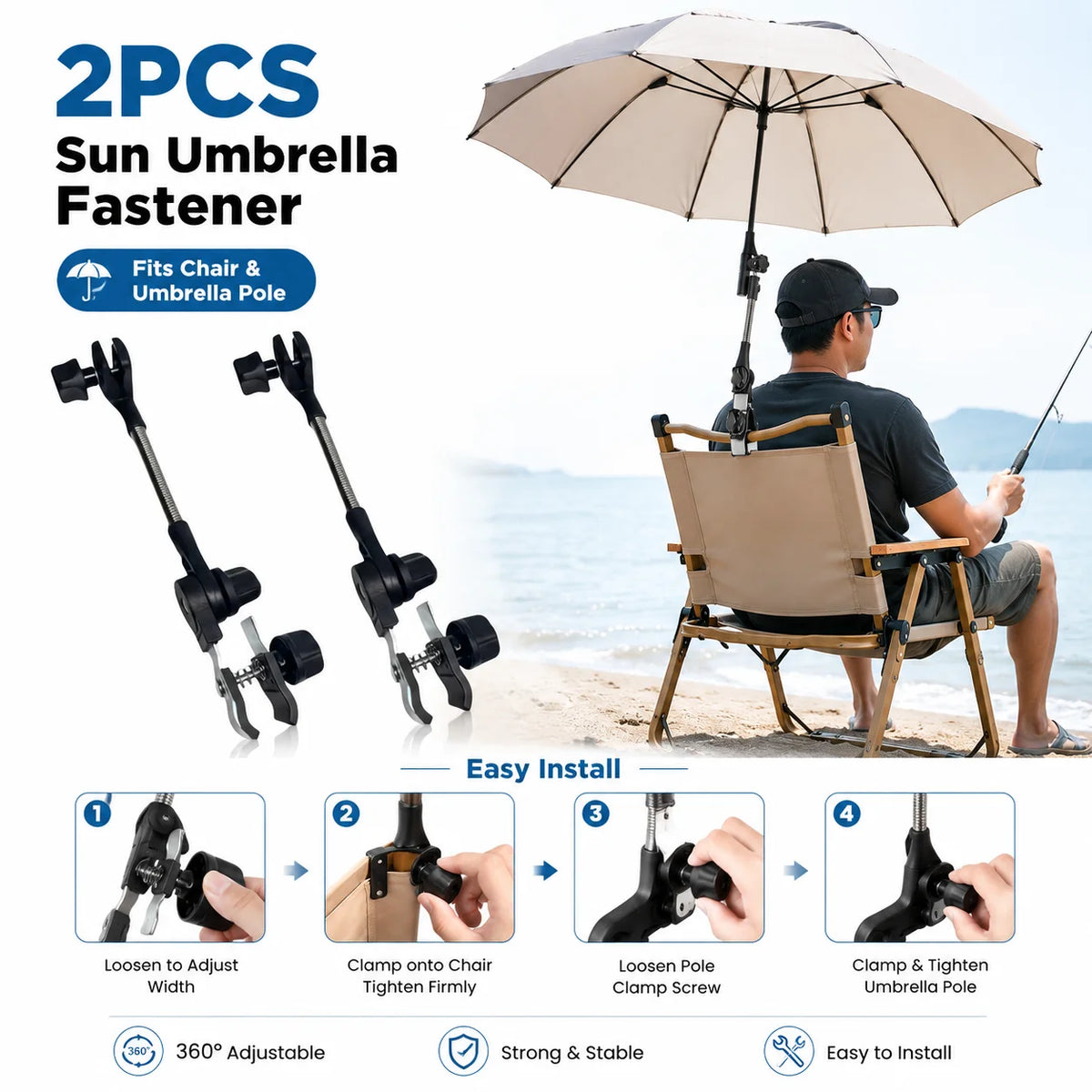 Fishing Umbrella Holder Sunshade Clamp 360 Degree Adjustable Bracket for 7-40mm Pole Outdoor Beach Camping