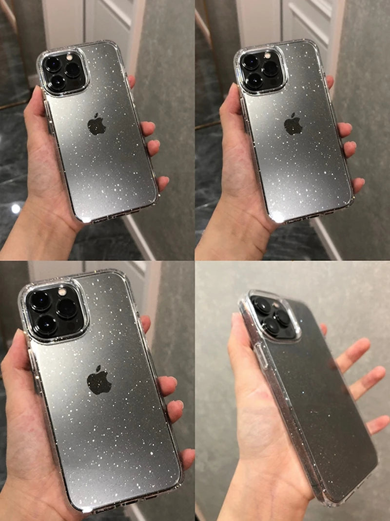 Luxury Bling Glitter Clear Phone Case For iPhone 11 12 13 14 15 16 17 Pro XR XS Max Mini Plus Shockproof Soft Transparent Cover