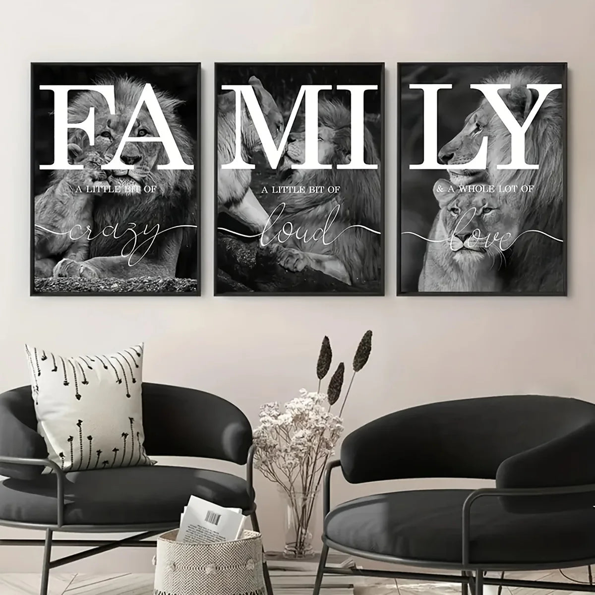 3 Pieces Modern Abstract Lion Family Inspirational Quotes Wall Art Canvas Prints for Living Room Cuadros Decor Unframed