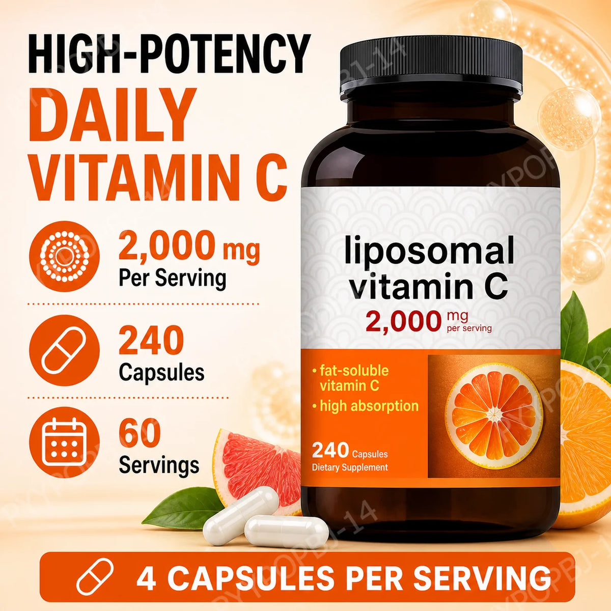 Liposomal Vitamin C 2000mg High Absorption Fat-Soluble 240 Capsules 60 Servings Non-GMO Gluten Free