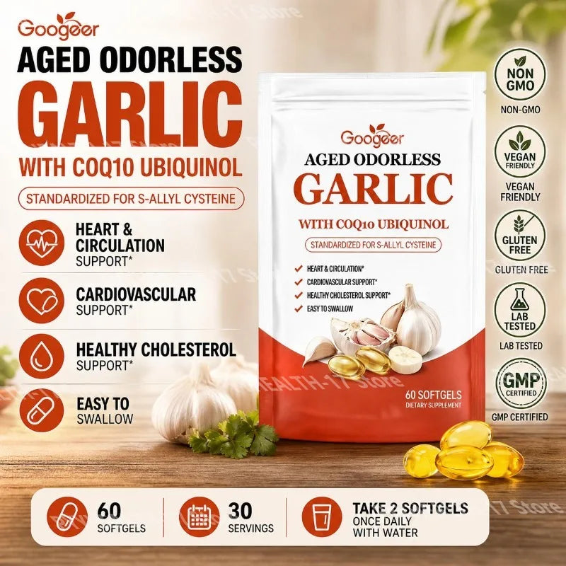 Googeer Aged Odorless Garlic Softgels with CoQ10 Ubiquinol Vitamin K2 (MK-7) for Circulation & Cholesterol Support 60 Softgels