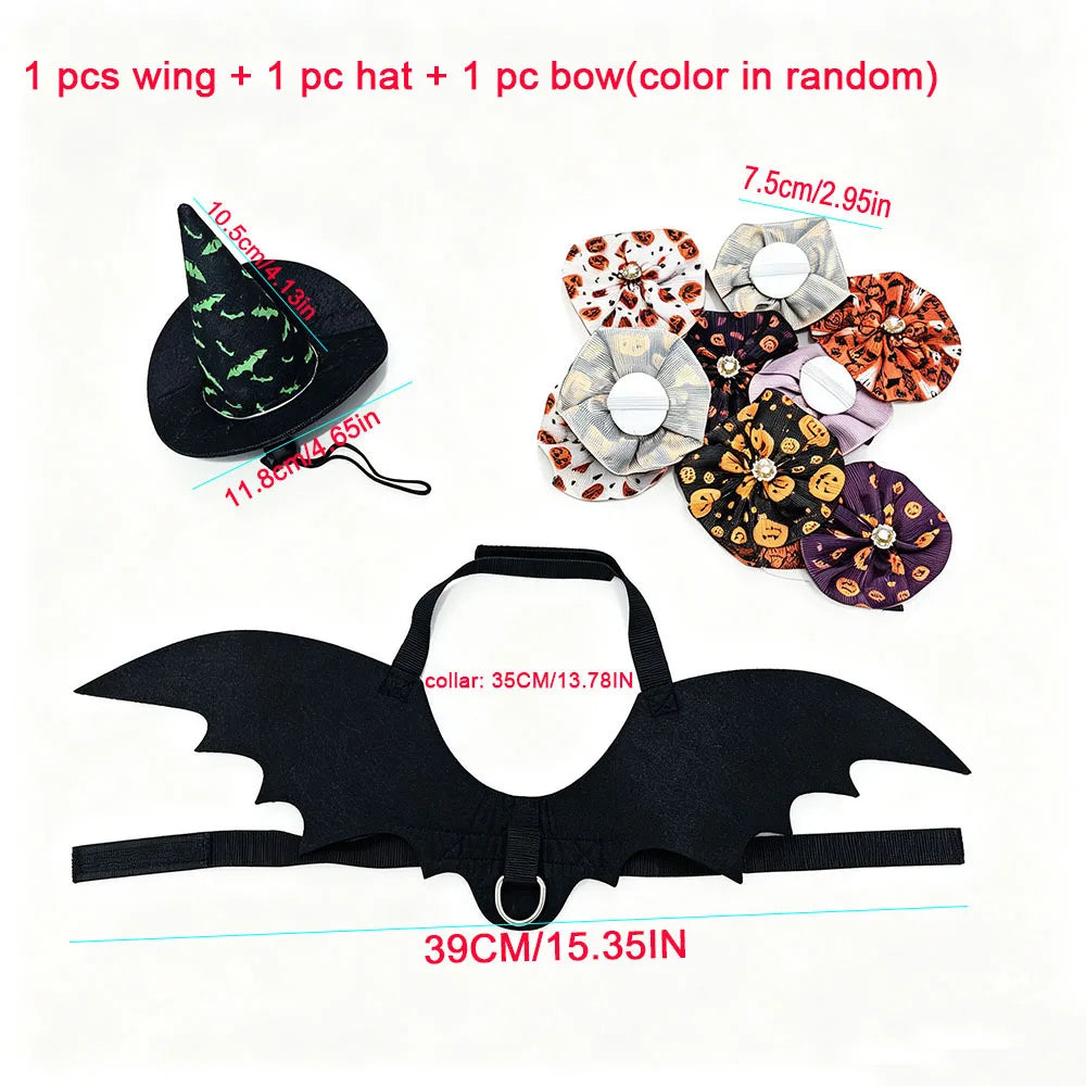 3 PCS Halloween Pet Costume Accessories,Witch Hat,Bat Wing Harness,Skull Bow Tie,Halloween Decors Dress Up for Cat Small Dog