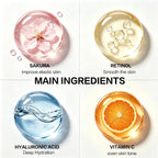 JUINHOU 4pcs Vitamin C + Retinol +Sakura + Hyaluronic Acid Serum Brightening & Hydration Combo Supple Skin For All Skin Type
