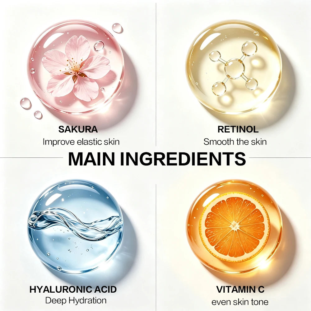 JUINHOU 4pcs Vitamin C + Retinol +Sakura + Hyaluronic Acid Serum Brightening & Hydration Combo Supple Skin For All Skin Type