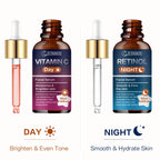 JUINHOU 2Pcs Day & Night Face Serum Set Vitamin C Retinol Hydrating Glowing Skin Make Skin Smoother And Firmer Daily Facial Care