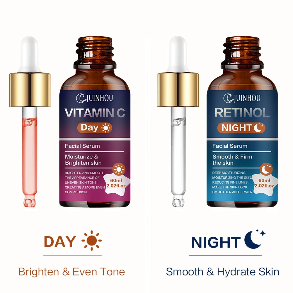 JUINHOU 2Pcs Day & Night Face Serum Set Vitamin C Retinol Hydrating Glowing Skin Make Skin Smoother And Firmer Daily Facial Care