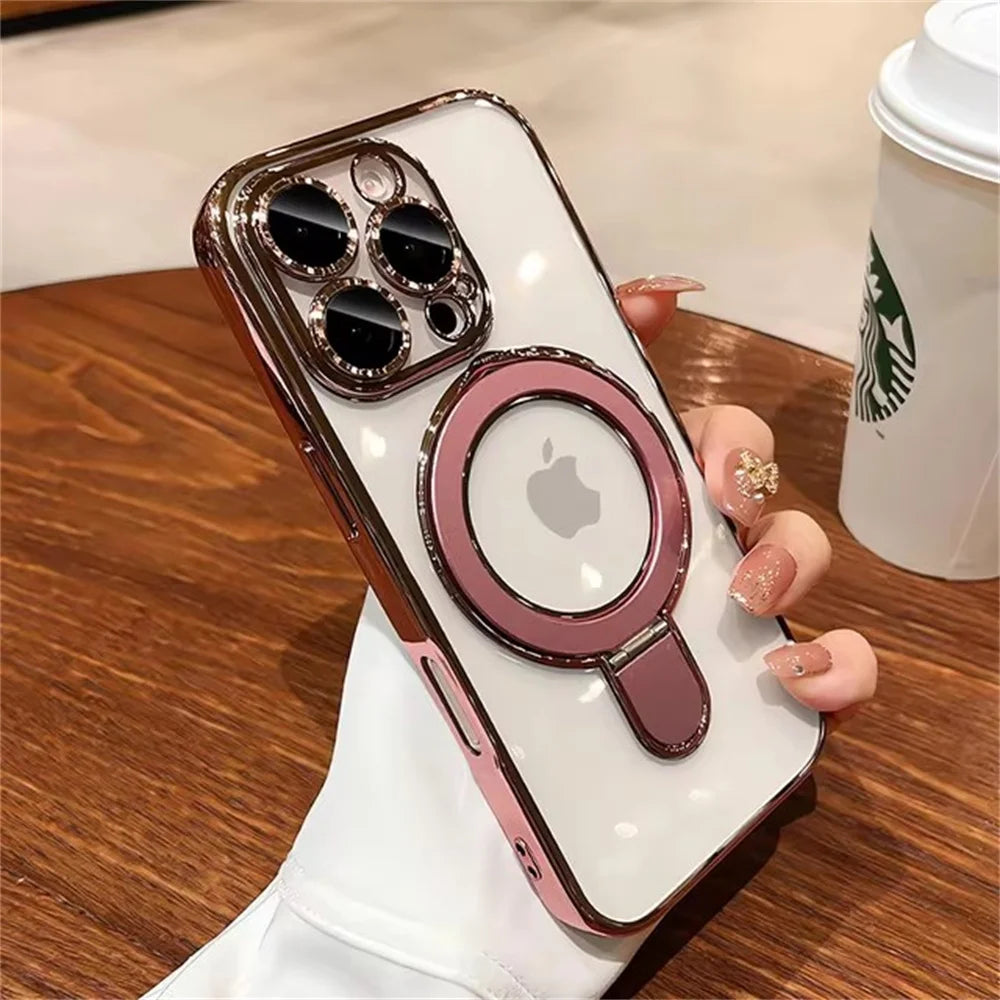 Luxury For Magsafe Bracket Case For iPhone 16 17 18 15 14 13 12 Pro Max 16 Plus Magnetic Ring Stand Holder Clear Acrylic Cover