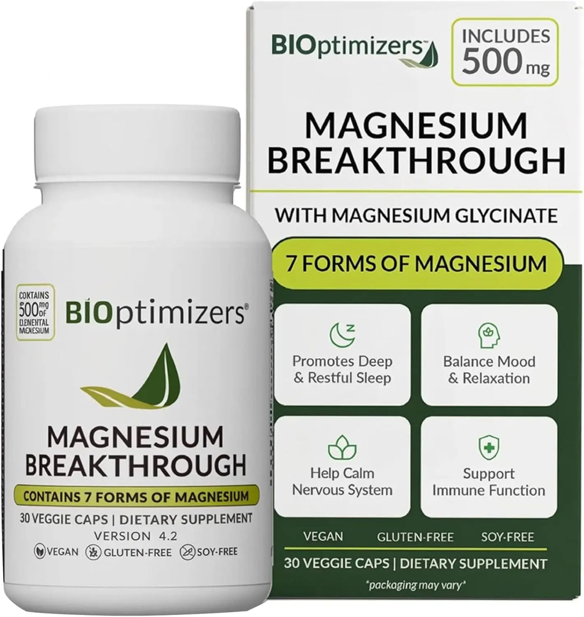 BIOptimizers Magnesium Breakthrough Supplement with 500mg - 7 Forms of Magnesium: Glycinate, Malate, Citrate, and More - Natural Support for Sleep and Cognitive Function -30 Capsules- Calming Vitamins