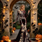 New Halloween White Bone Skeleton Long Sleeved Dress Dark Rose Printing Flower Slimming Holiday Party Dress 2026