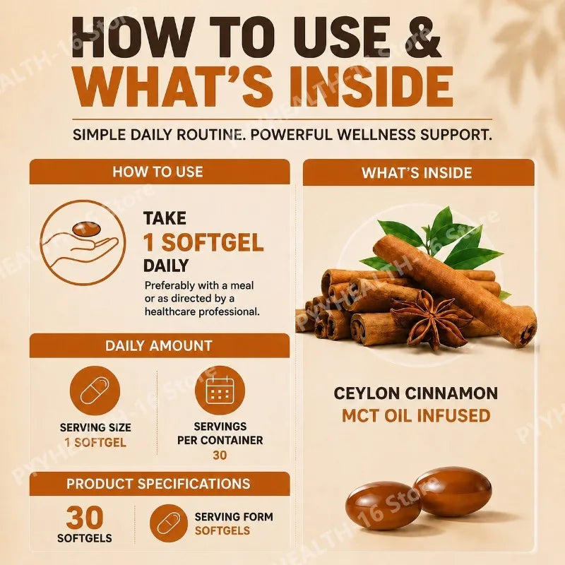 Ceylon Cinnamon Softgels with MCT Oil for Metabolism Support, Highly Bioavailable, Non-GMO, Gluten-Free, 30 Softgels