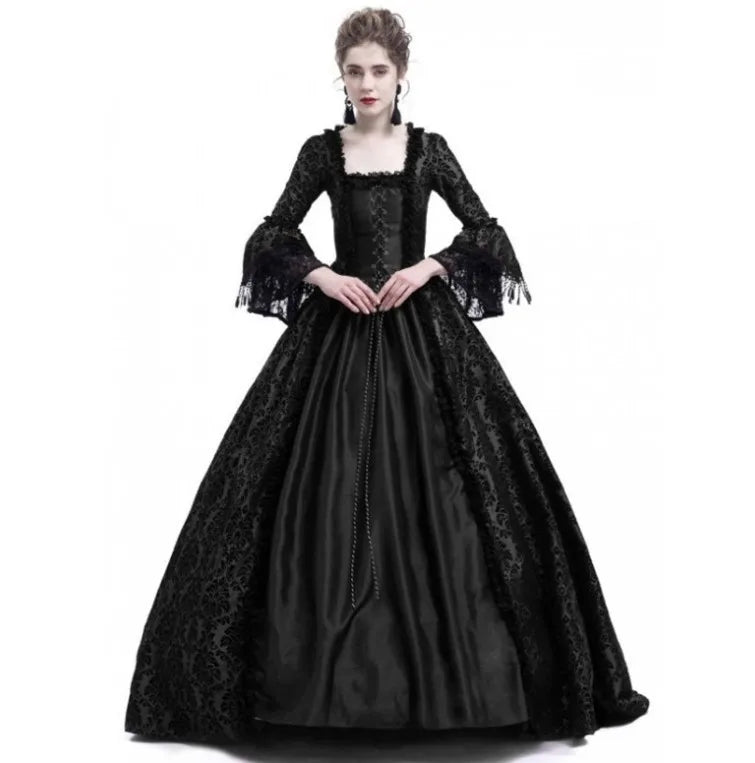Medieval Victorian Court Lace Patchwork Gothic Dress Halloween Witch Cosplay Party Costume Square Neck Flare Sleeve Maxi