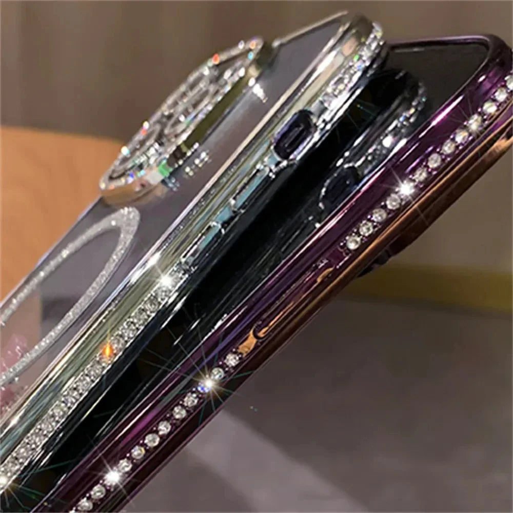 New Fashion Glitter Diamond Transparent Case For iPhone 16 15 14 13 17 12 18 Pro Max Plus Magnetic Wireless Charge Bumper Cover