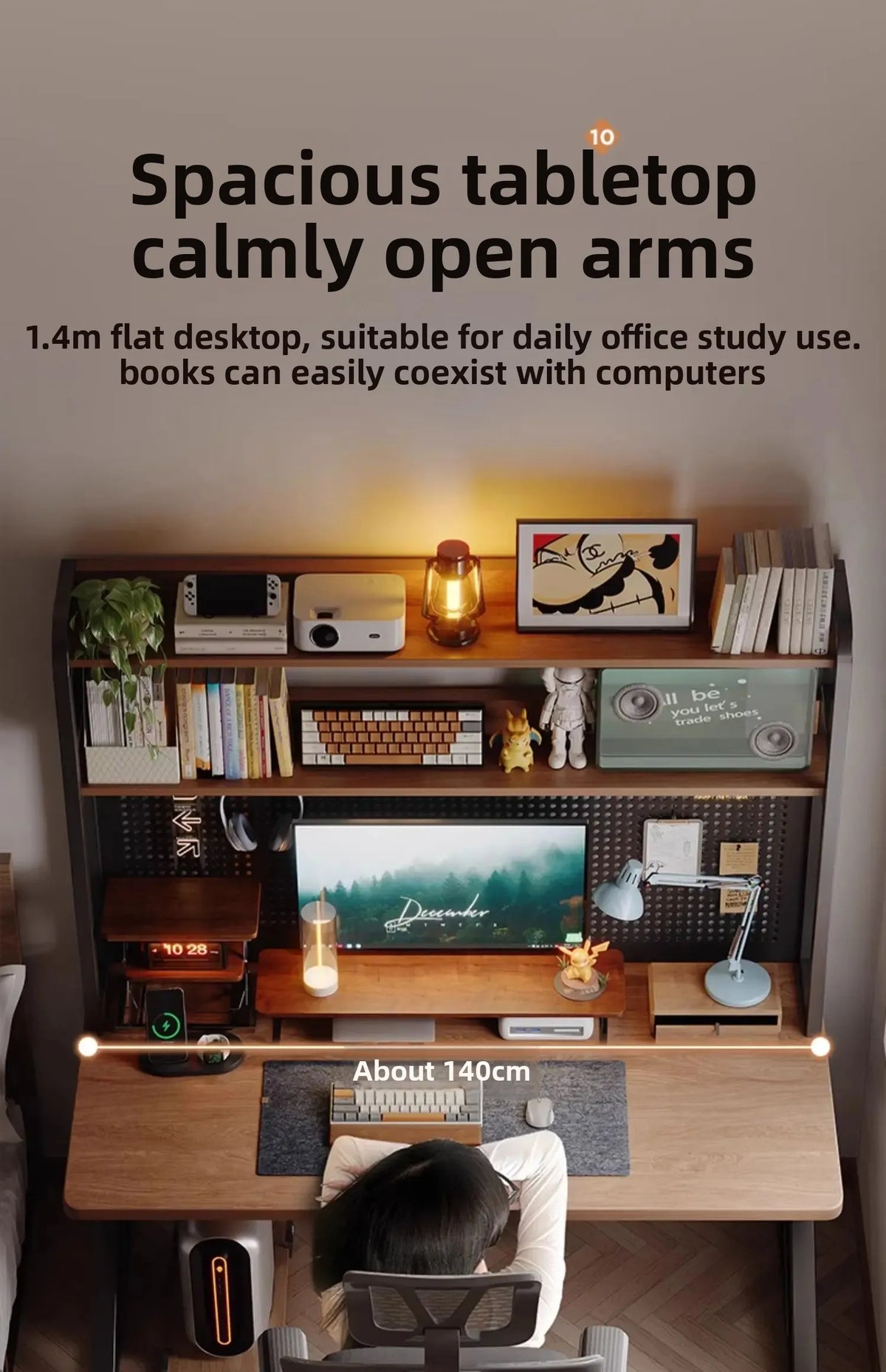 Gaming Desk with Bookshelf and Pegboard Computer Desk with Storage Shelf Home Office Study Desk for Bedroom Small Space