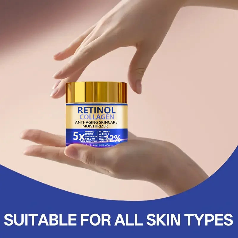 Retinol Collagen Hyaluronic Acid. Anti-Aging Moisturizer 5X Firming Lift. Even Skin Tone. Vitamins A B5 C E Panthenol. 60g