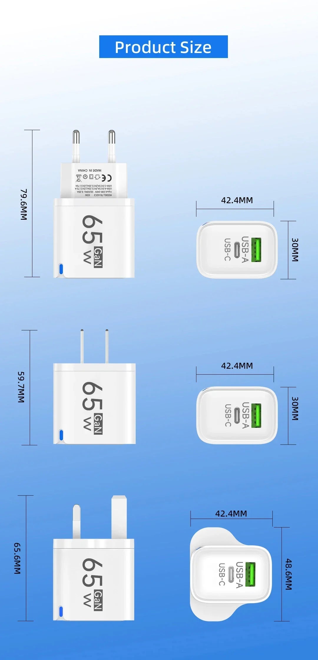 65W 2 In 1 USB Type C Fast Charging Charger PD High Speed Charge For iPhone Xiaomi Huawei Samsung Oneplus Mobile Phone Adapter