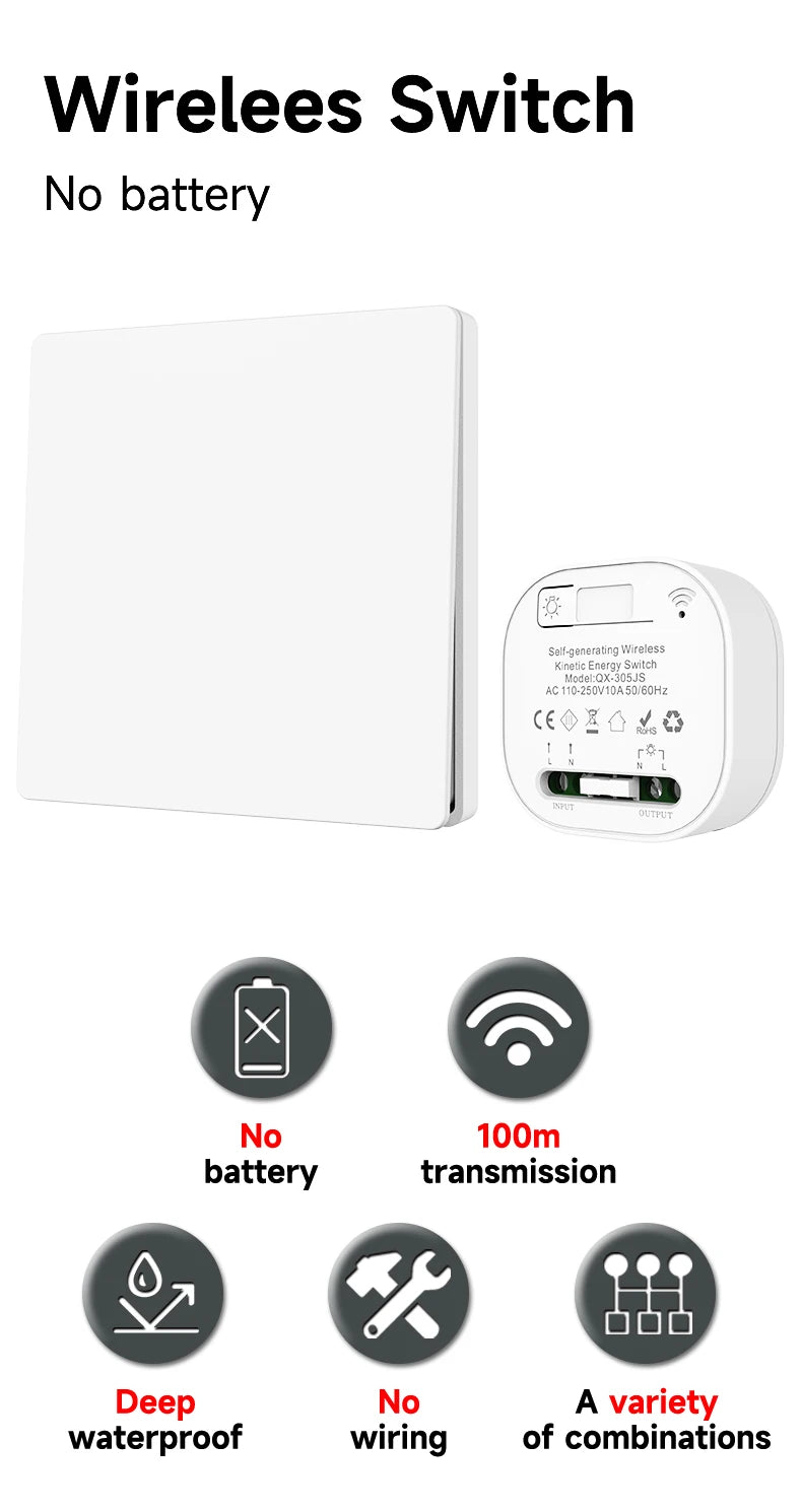 Self-powered Wireless Wall Switch No Battery Required 86Type RF433Mhz Waterproof Wall Switch