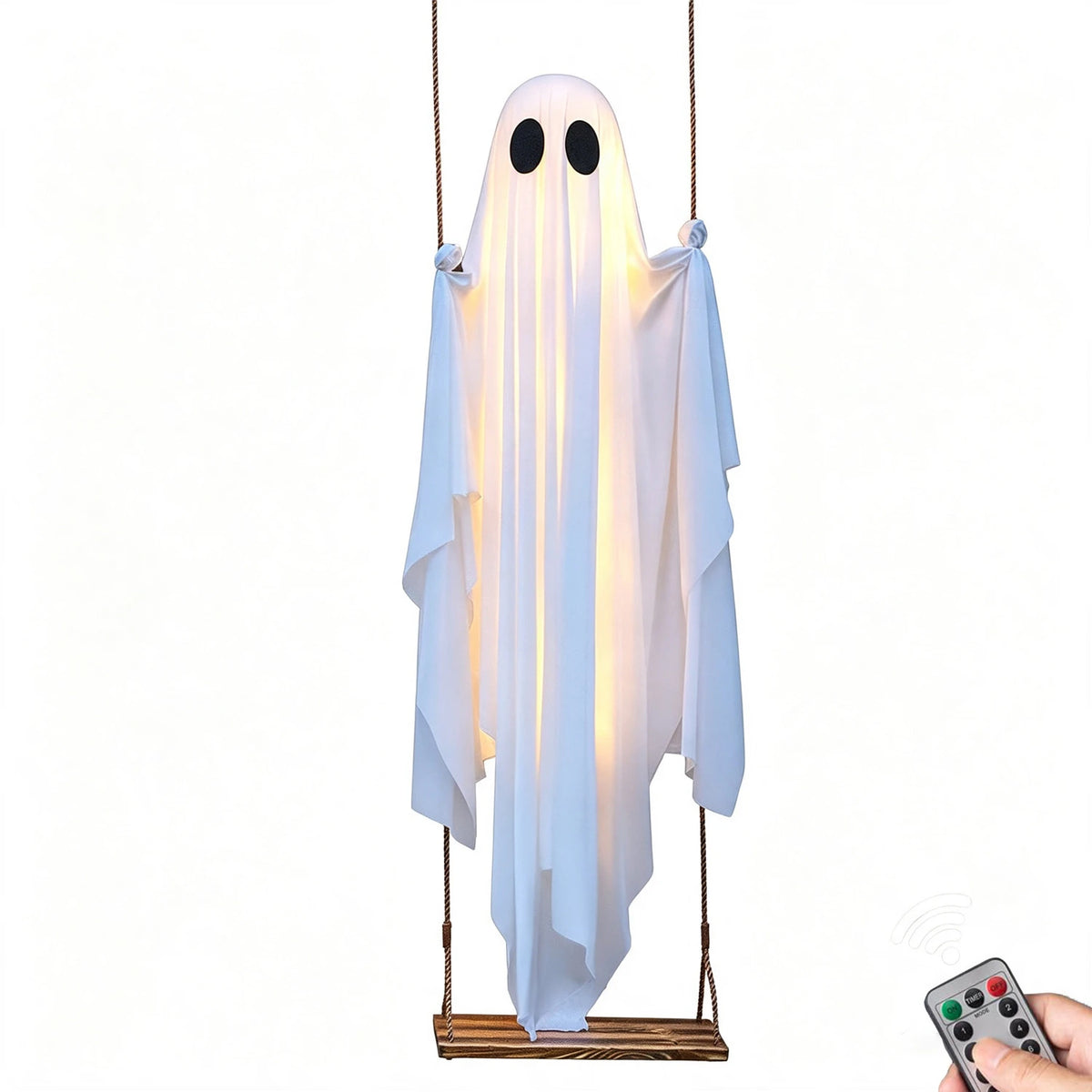 Hanging Swing Ghost Halloween Decoration Cute White Ghost with String Light Spooky Ghost Ornament for Porch Yard Trees