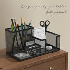 Black Mesh Office Caddy – Desk Organizer with Pencil Holder & Storage Baskets, 3 Compartments for Desktop Accessories