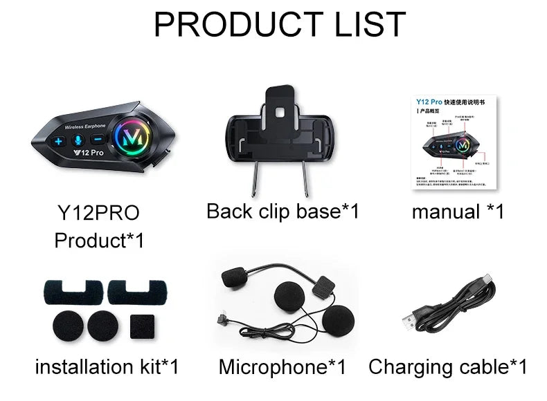 Y20 Pro Motorcycle Helmet Headset Bluetooth 500M Intercom FM Radio Hands-free Call Waterproof Mixing Music Sharing Interphone