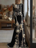 New Halloween White Bone Skeleton Long Sleeved Dress Dark Rose Printing Flower Slimming Holiday Party Dress 2026
