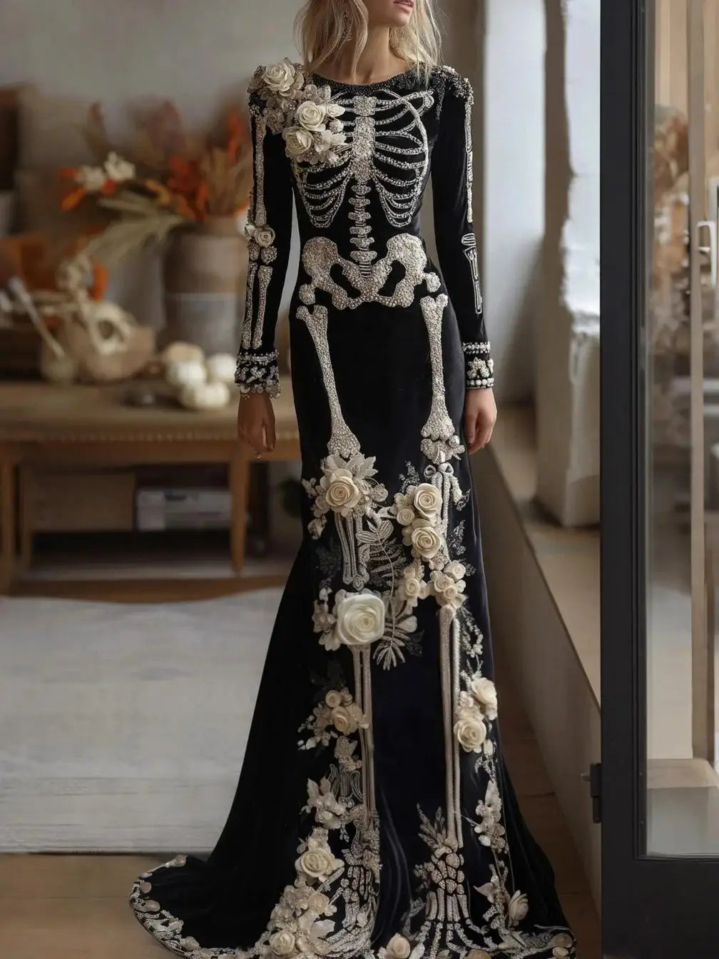 New Halloween White Bone Skeleton Long Sleeved Dress Dark Rose Printing Flower Slimming Holiday Party Dress 2026