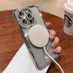 New Fashion Glitter Diamond Transparent Case For iPhone 16 15 14 13 17 12 18 Pro Max Plus Magnetic Wireless Charge Bumper Cover