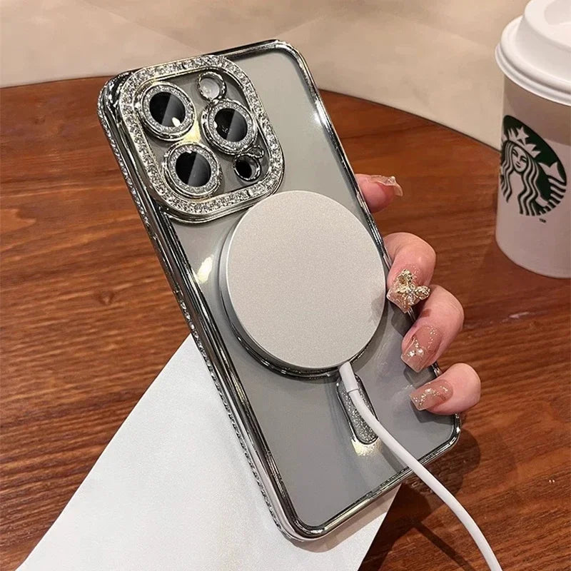 New Fashion Glitter Diamond Transparent Case For iPhone 16 15 14 13 17 12 18 Pro Max Plus Magnetic Wireless Charge Bumper Cover