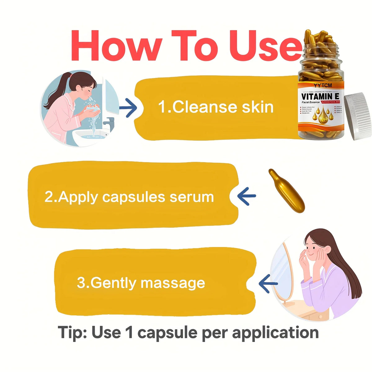 Vitamin E Deep Moisturizing Capsule Essence, hydrates and smooths the skin, contains plant squalane, vitamin C, and deep moisturizing and brightening skin essence (0.4g x 90 capsules)/bottle - 1 bottle