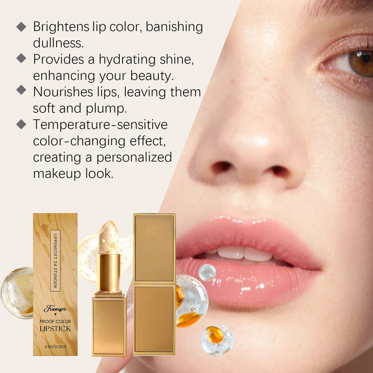 Color Changing PH Reactive Lip Balm With Gold Flecks And Non Sticky Shine