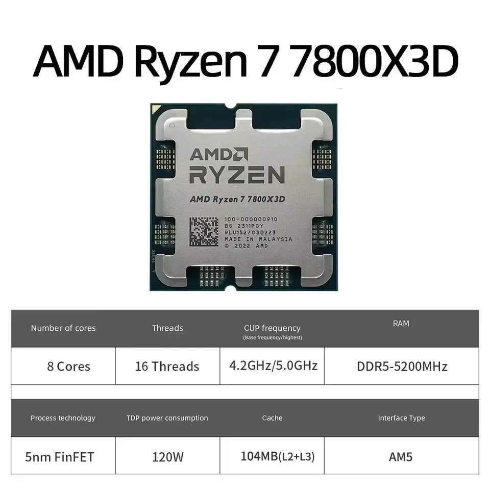 AMD Ryzen 7 7800X3D CPU 8-Core 16-Thread AM5 Processor 4.2GHz Up to 5.0GHz 96MB L3 Cache Gaming Desktop CPU Tray