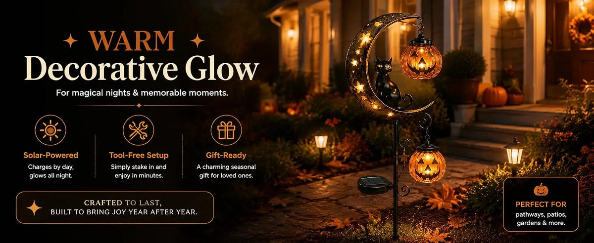 Solar Halloween Black Cat & Pumpkin Moon Garden Stake Light, Solar Garden Decoration, Outdoor Waterproof Metal Pumpkin Stake