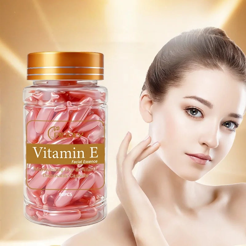 80 Capsules of Vitamin E Facial Essence, Day and Night Moisturizing, Deeply Hydrating, Leaving Skin Soft and Supple, Pink Capsule Packaging, Safe and Hygienic, Easy to Carry